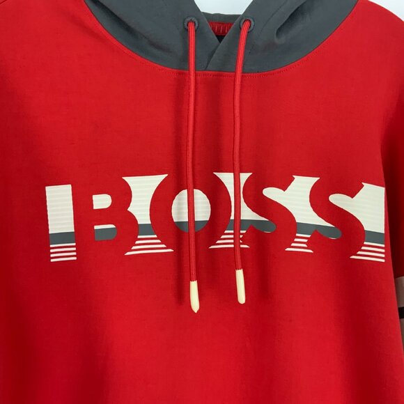 New Hugo Boss Red Hoodie With Gray Hood "BOSS" Logo Sz XL - Picture 5 of 16